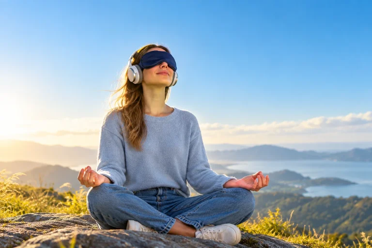 Woman meditating outdoors with headphones and an eye mask